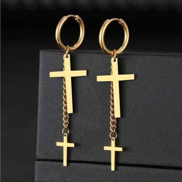 ⭐️ New Gold or Silver Cross Dangle Hoop Earrings - Picture 7 of 10
